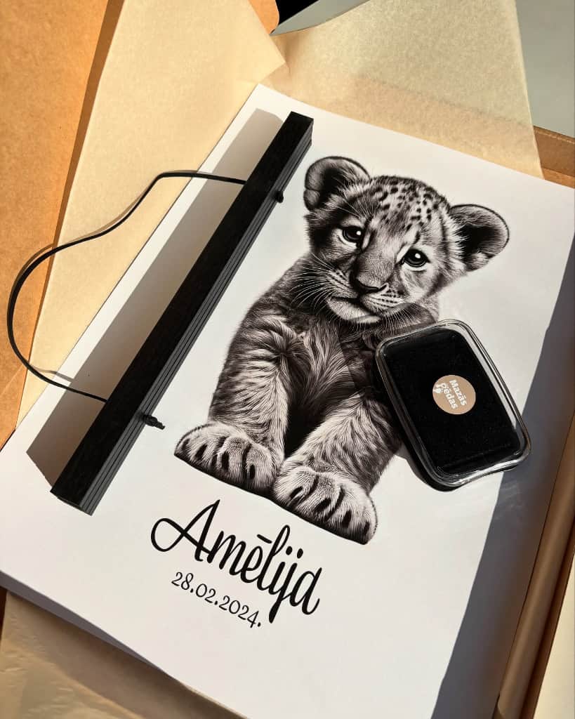 Bērna pēdu nospiedums, Personalizēts lauvēna plakāts + nospieduma spilventiņš