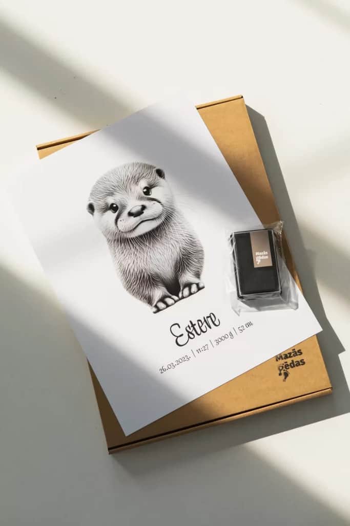 Bērna pēdu nospiedums, Personalizēts ūdrēna plakāts + nospieduma spilventiņš